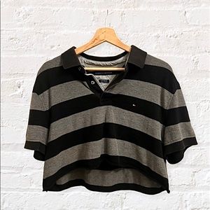 🍯VINTAGE 90’s Cropped TOMMY HILFIGER Rugby Striped Polo/Short Sleeve/Grey&Black
